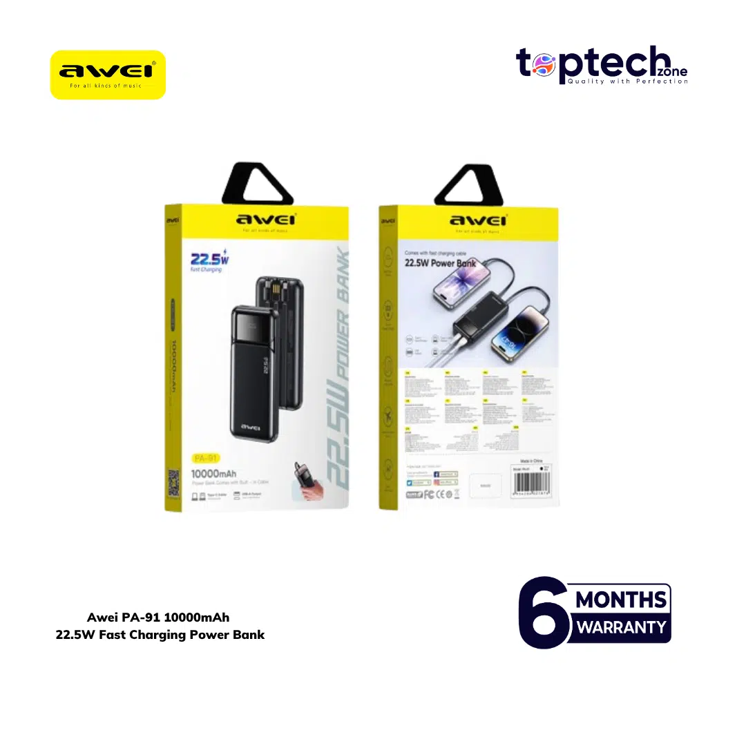 Awei PA‑93 20000mAh 22.5W Fast Charging Power Bank with Built‑in Dual Cables - Image 2