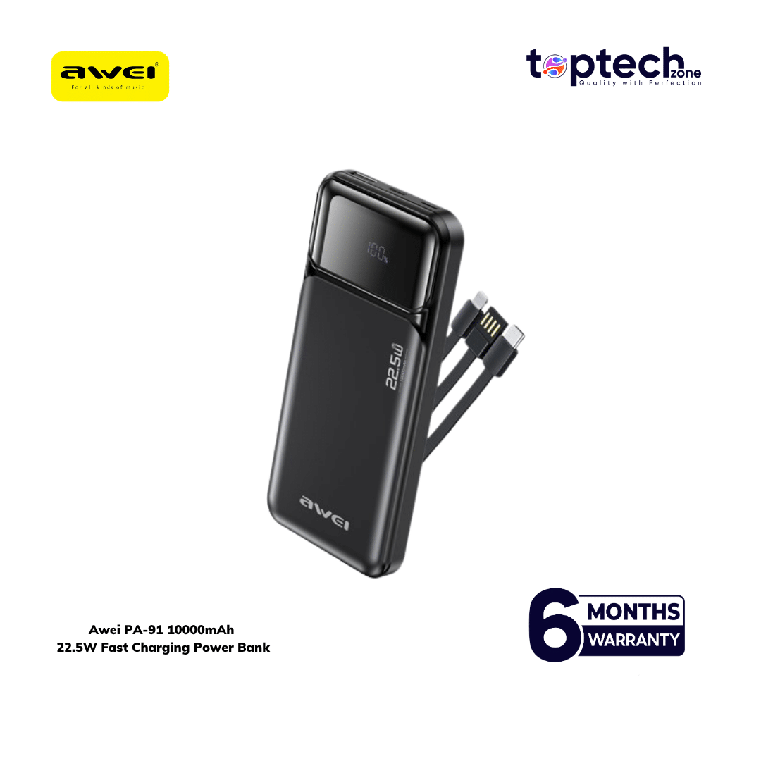 Awei PA‑93 20000mAh 22.5W Fast Charging Power Bank with Built‑in Dual Cables