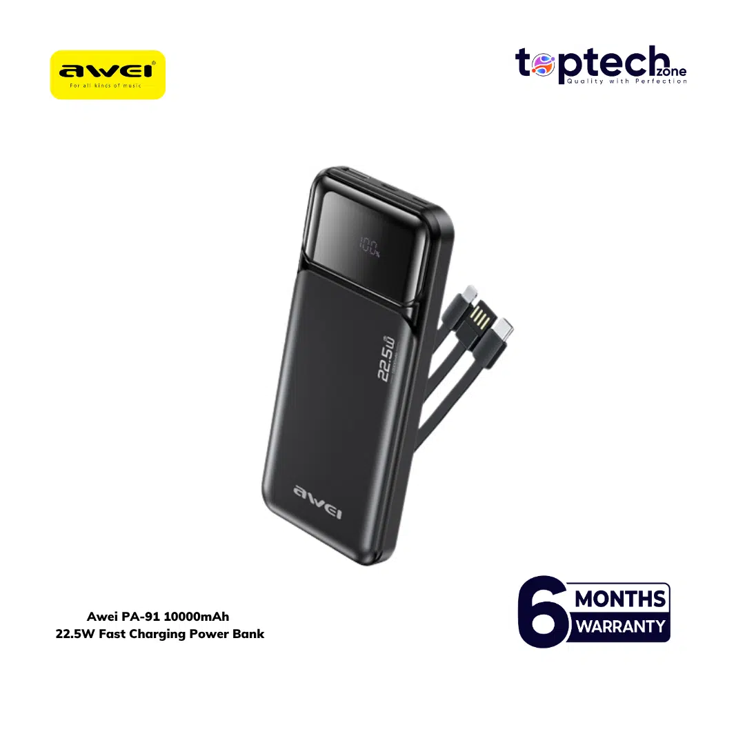 Awei PA‑93 20000mAh 22.5W Fast Charging Power Bank with Built‑in Dual Cables