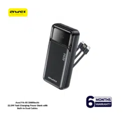 Awei PA‑93 20000mAh 22.5W Fast Charging Power Bank with Built‑in Dual Cables