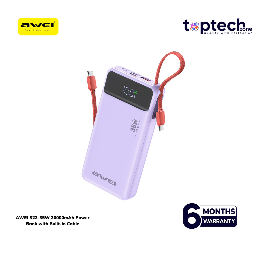 AWEI S22-35W 20000mAh Power Bank with Built-in Cable - Image 2