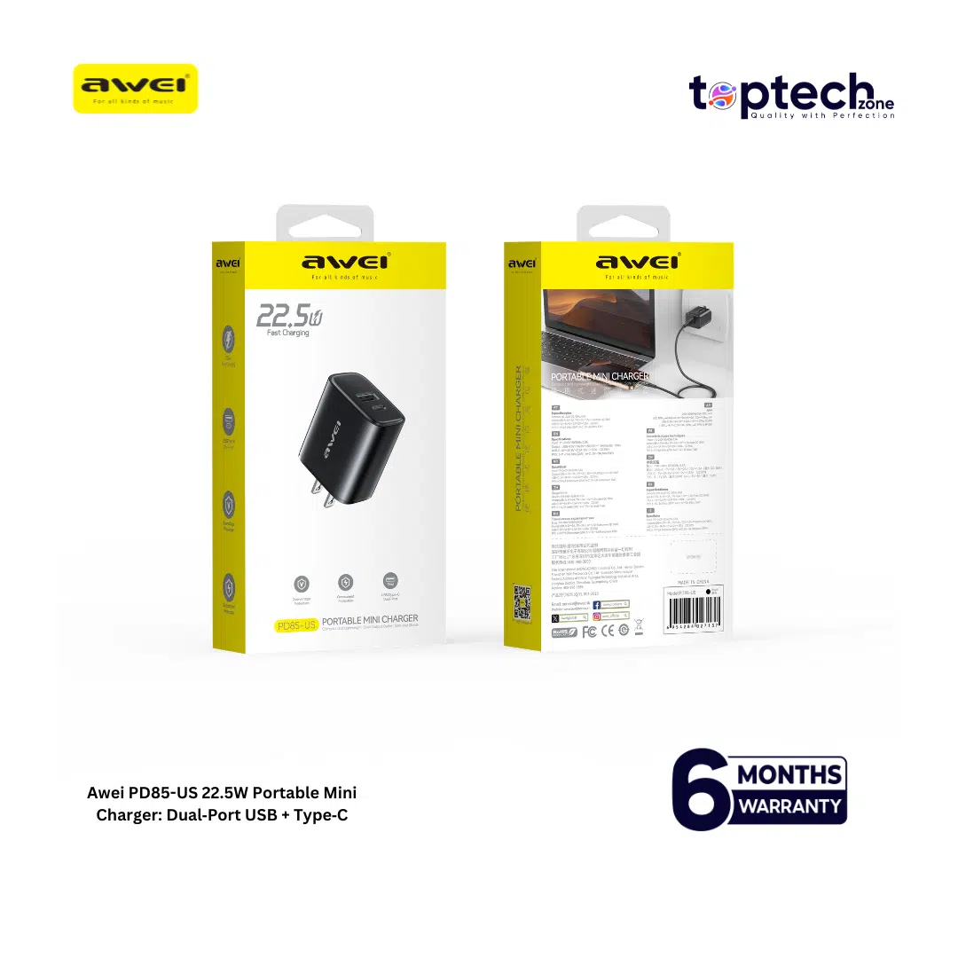 Awei PD85-US 22.5W Portable Mini Charger: Dual‑Port USB + Type‑C - Image 2