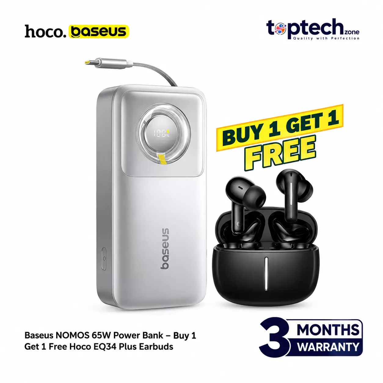 Baseus NOMOS 65W Power Bank – Buy 1 Get 1 Free Hoco EQ34 Plus Earbuds