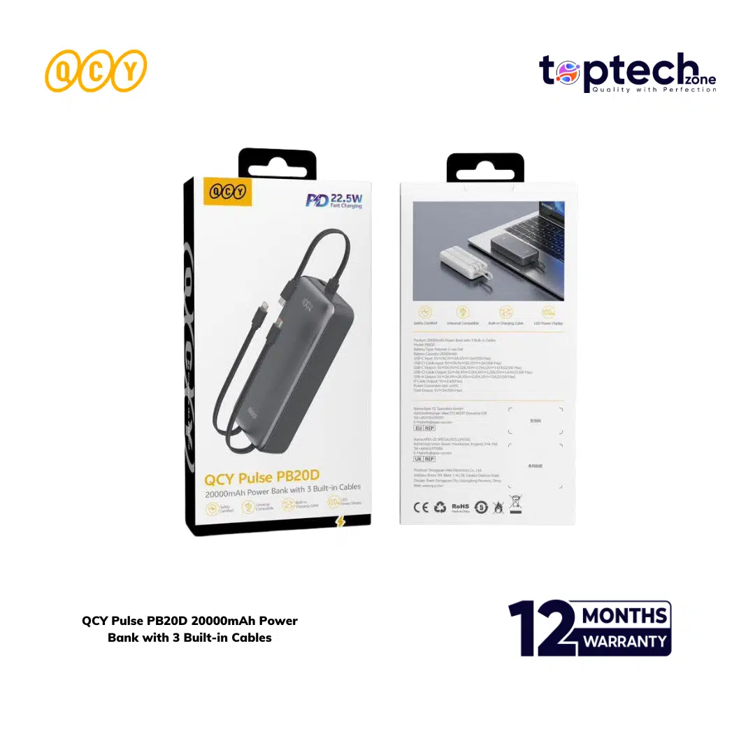 QCY Pulse PB20D 20000mAh Power Bank with 3 Built-in Cables