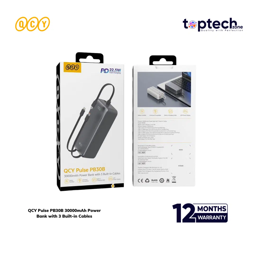 QCY Pulse PB30B 30000mAh Power Bank with 3 Built-in Cables