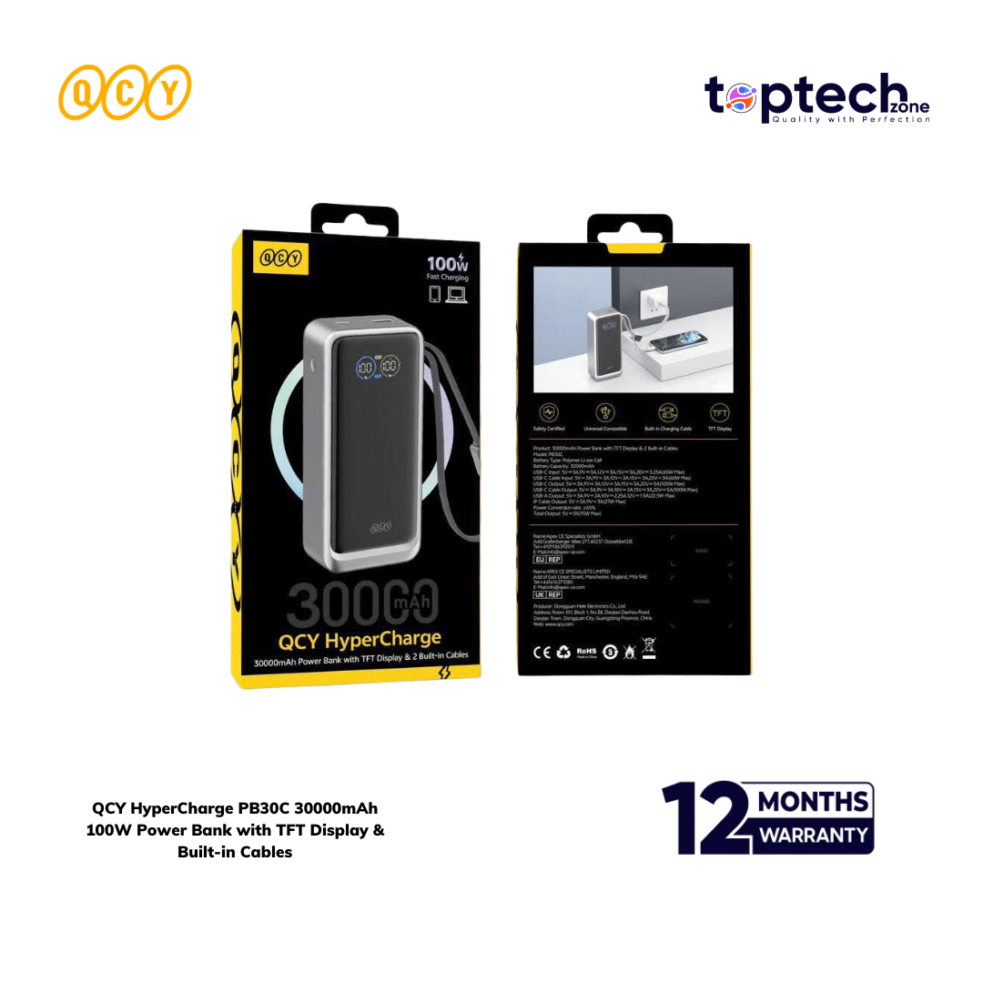 QCY HyperCharge PB30C 30000mAh 100W Power Bank with TFT Display & Built-in Cables