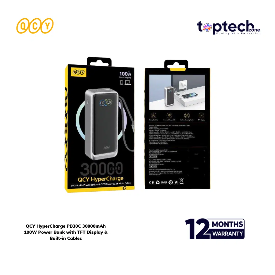 QCY HyperCharge PB30C 30000mAh 100W Power Bank with TFT Display & Built-in Cables