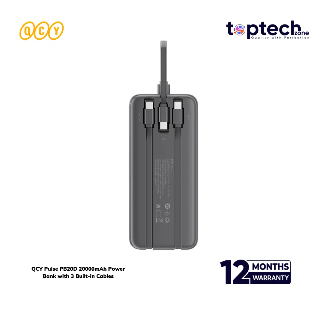 QCY Pulse PB20D 20000mAh Power Bank with 3 Built-in Cables - Image 2