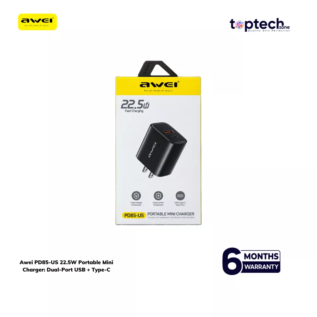 Awei PD85-US 22.5W Portable Mini Charger: Dual‑Port USB + Type‑C